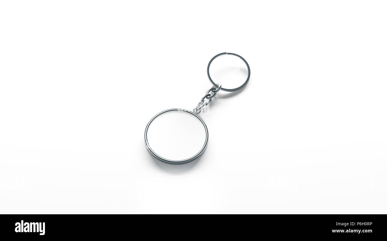 Metallo bianco bianco rotondo chiave catena mock up vista laterale, rendering 3d. Argento chiaro portachiavi circolare design mockup isolato. Vuoto portachiavi semplice titolare di souvenir modello. Cerchio in acciaio gingillo etichetta Foto Stock