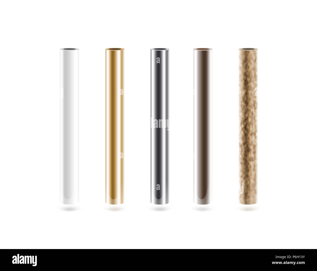 Tubi metallici isoalted impostato su bianco. Lucido cilindro metallico tubazione, argento, grigio, Golden, cromo, acciaio arrugginito. Polo d'oro del design. Colore lucido stick gradient graphic design. Ruggine tubo colonna con foro. Foto Stock