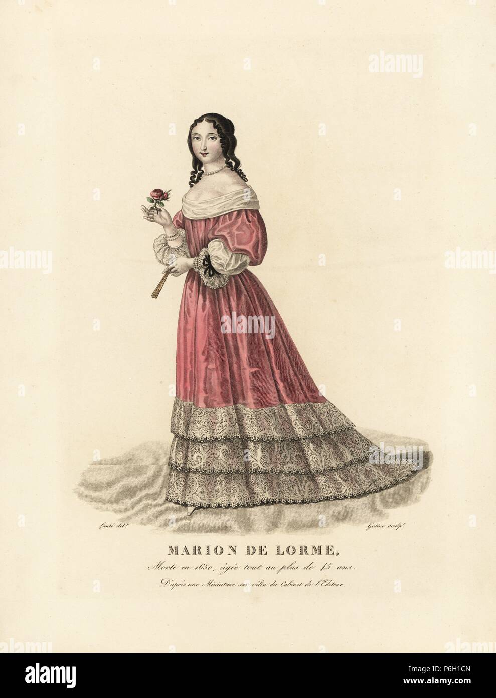 Marion de Lorme, Francese cortigiana, morì 1650. Dopo una miniatura su pergamena. Handcolored incisione su rame da Gatine dopo una illustrazione di Louis Marie Lante da Pierre de la Mesangere 'costumi des femmes celebres' (costumi di donne famose), Paris, 1827. Foto Stock