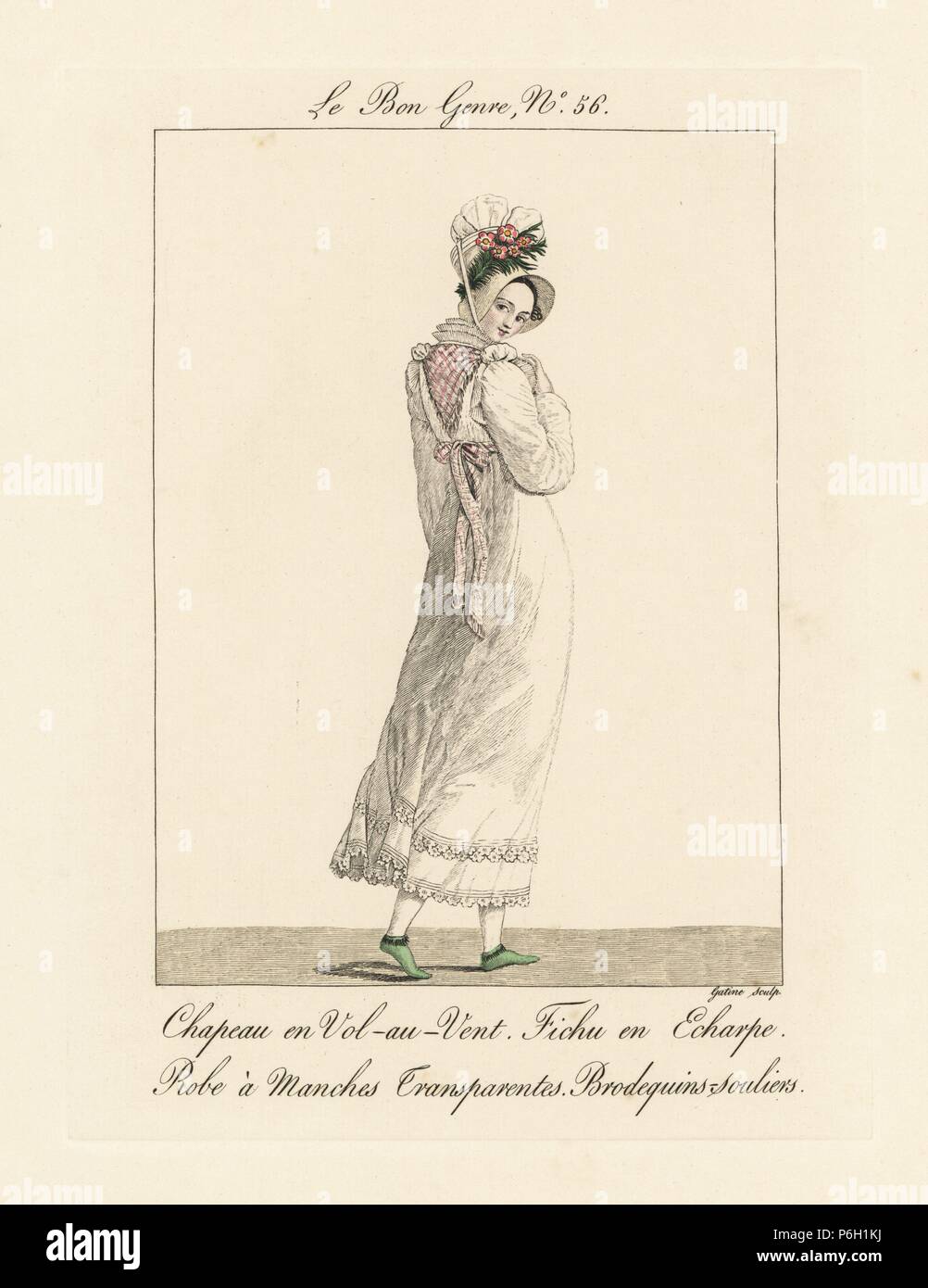 Donna in vol-au-vent cofano, sciarpa, vestito con i manicotti trasparenti e brodequin bootees. 'Un rigoroso casuist potrebbe trovare qualcosa di riprovevole con tale corpetto. Che a malapena si blocca sulle spalle, mostra un po' di stomaco, e sembra in qualsiasi momento intorno a distaccarsi e rivelare tutto.' Handcolored incisione di Gatine da Pierre de la Mesangere's Le Bon Genere, Paris, 1817. Foto Stock