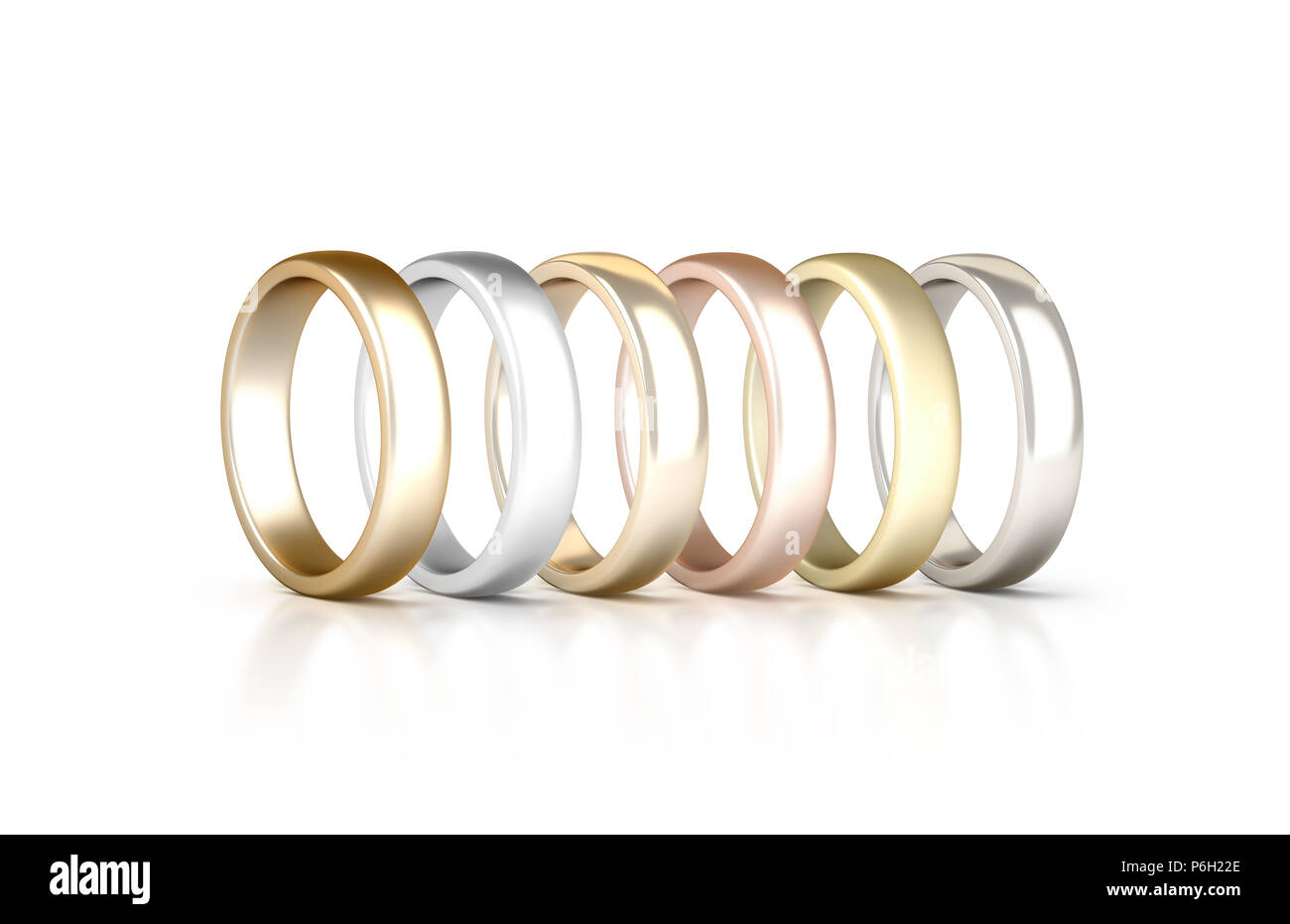 Diversi metalli preziosi anelli stand set isolato, oro, argento, rosa, rendering 3D Foto Stock