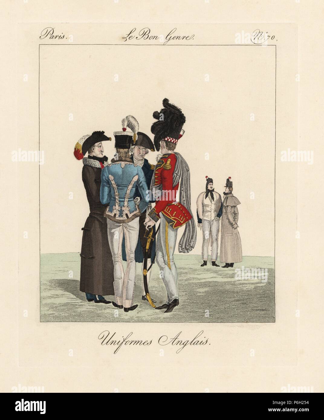 La caricatura di inglese uniformi militari, epoca Napoleonica, ussaro con pantaloni svasati indossato sopra di vitello stivali di alta. Handcolored incisione da Pierre de la Mesangere's Le Bon Genere, Paris, 1817. Foto Stock