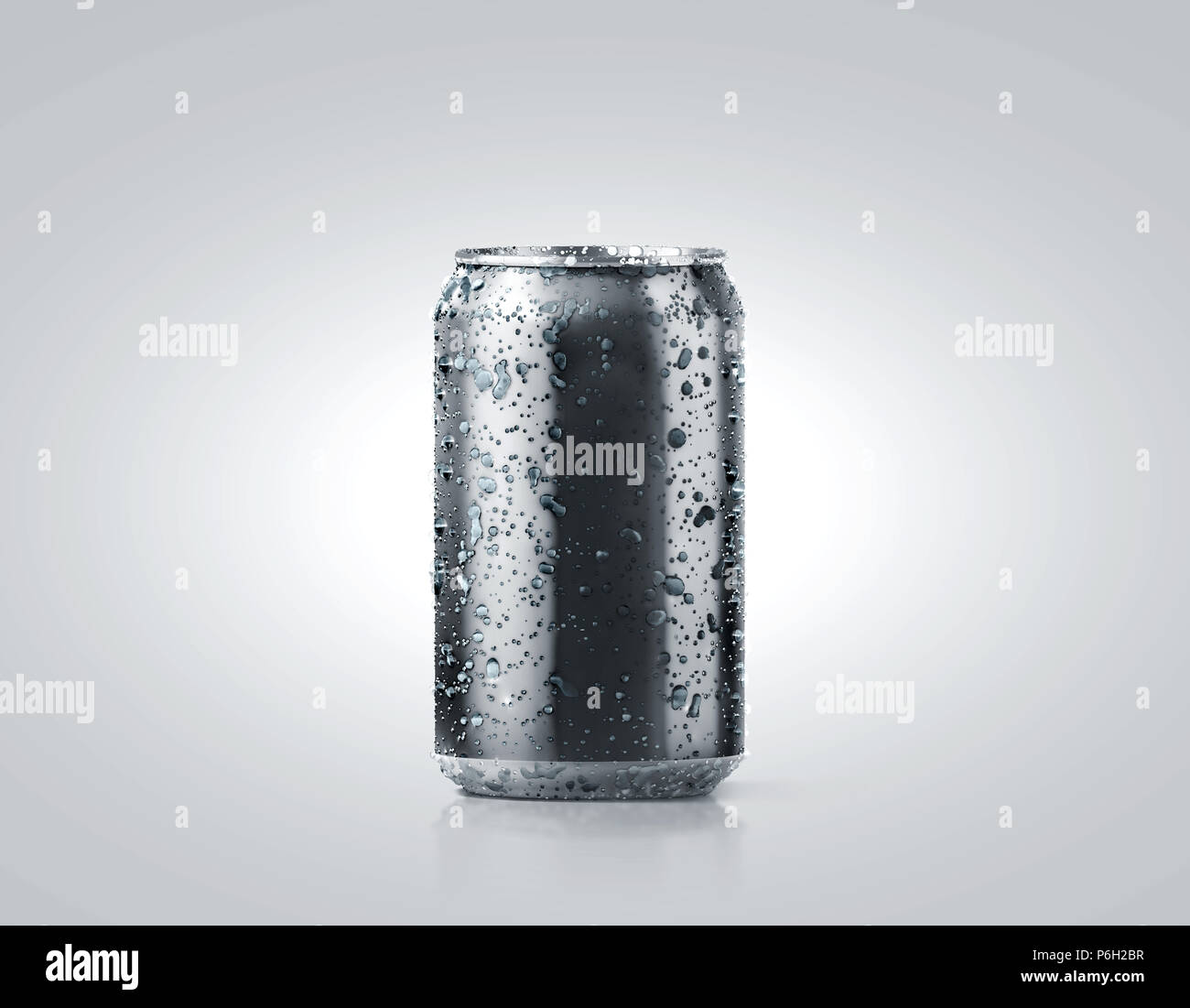Nero bianco freddo di soda di alluminio può mockup con gocce, 330 ml, rendering 3d. Vuoto frizzante fresca imballaggio pop mock up con la condensa, isolato su bianco. Conserve di gocciolamento bere modello. Raffreddare il pacchetto di TIN. Foto Stock