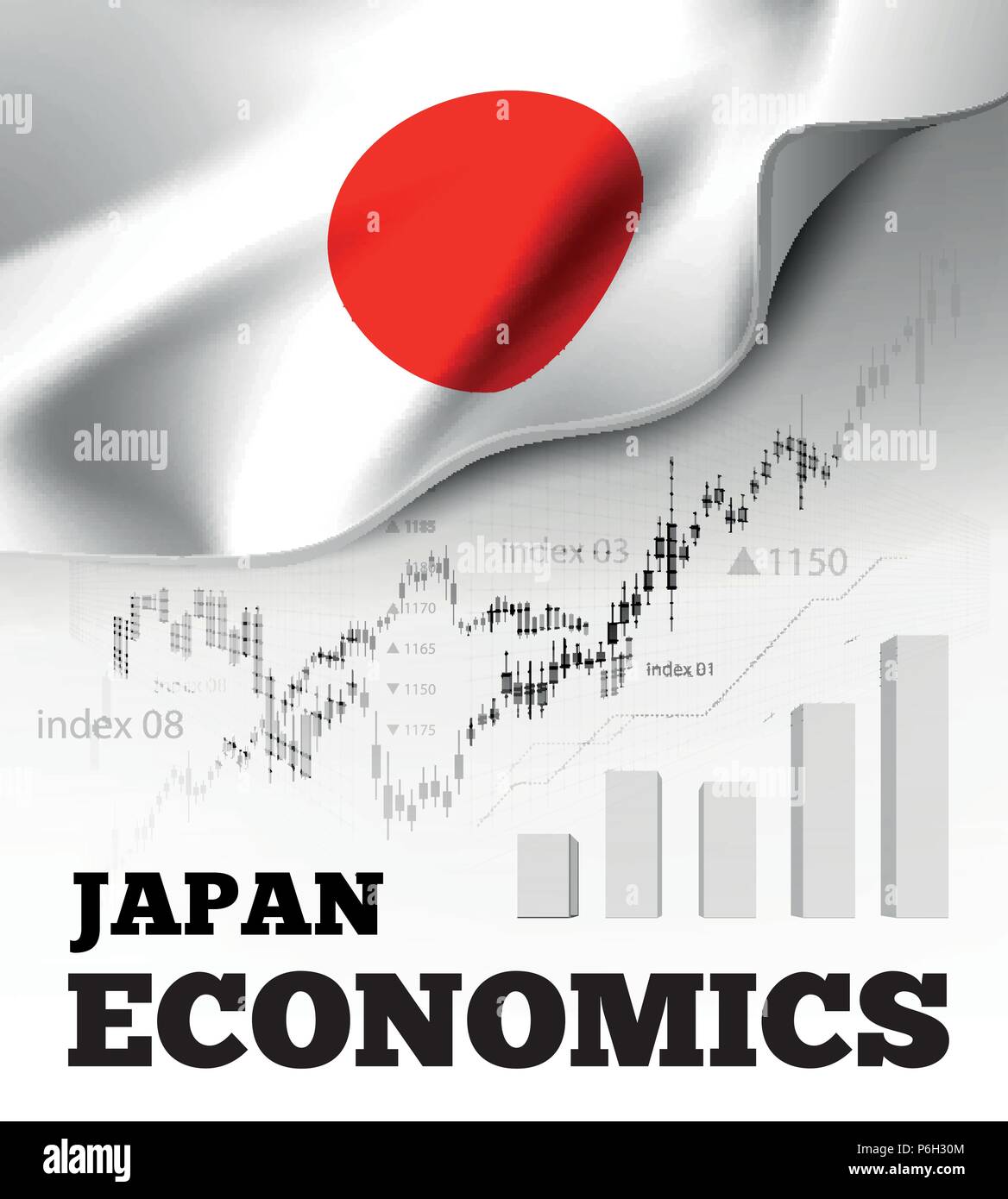 Giappone Economia illustrazione vettoriale con bandiera giapponese e business grafico, diagramma a barre numeri stock mercato bull, linea di tendenza rialzista grafico simboleggia la crescita Illustrazione Vettoriale