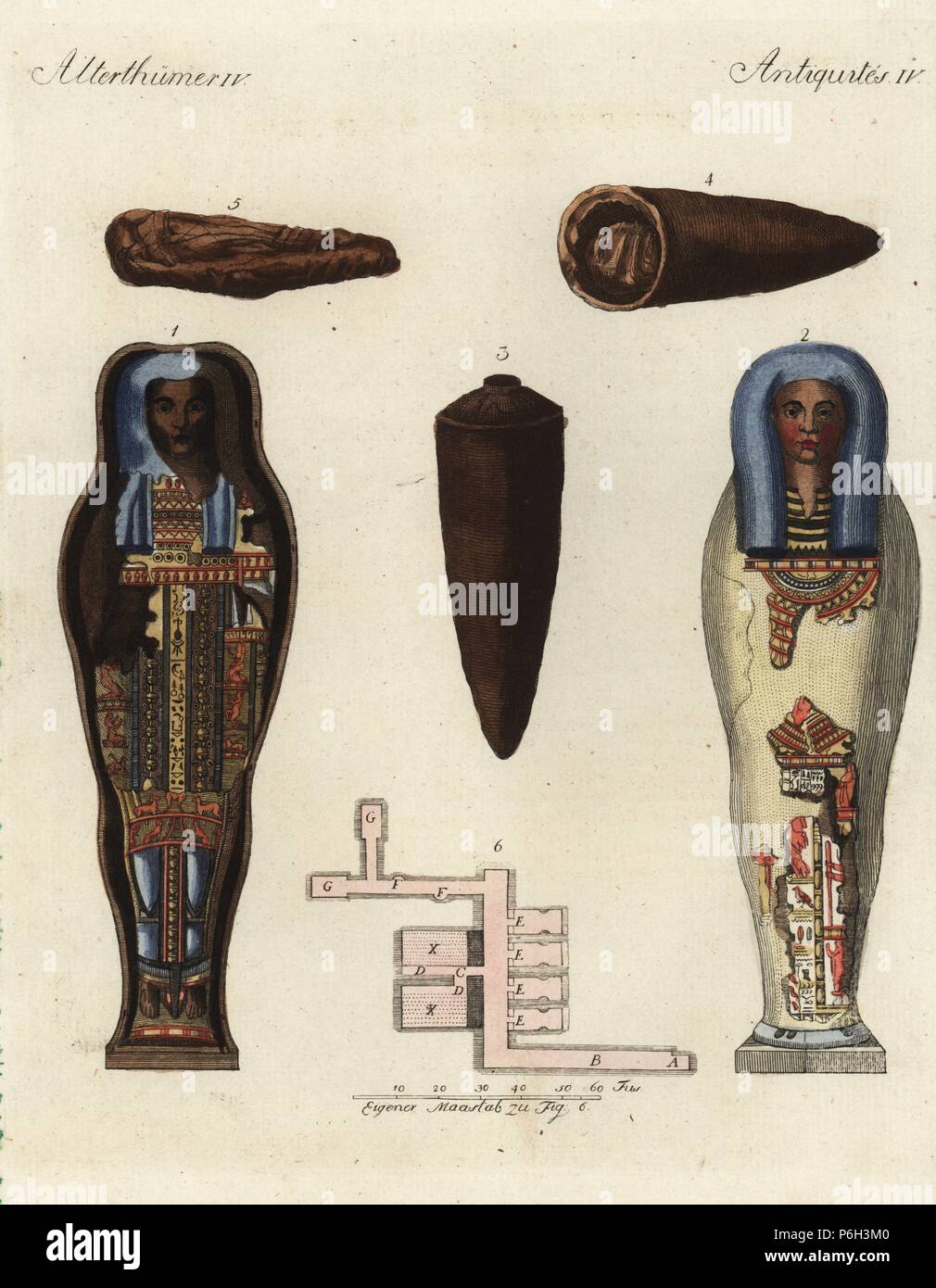 Mummie egizie: mummia nella bara 1, bara coperchio 2, bird urna 3, bird urna senza coperchio 4, la mummia di un Ibis imbalsamato 5, e un piano di camere sotterranee in una piramide. Handcolored incisione su rame da Friedrich Johann Bertuch's Bilderbuch fur Kinder (Picture Book per bambini), Weimar, 1795. Foto Stock Mummie egizie: mummia nella bara 1, bara coperchio 2, bird urna 3, bird urna senza coperchio 4, la mummia di un Ibis imbalsamato 5, e un piano di camere sotterranee in una piramide. Handcolored incisione su rame da Friedrich Johann Bertuch's Bilderbuch fur Kinder (Picture Book per bambini), Weimar, 1795. Foto Stock