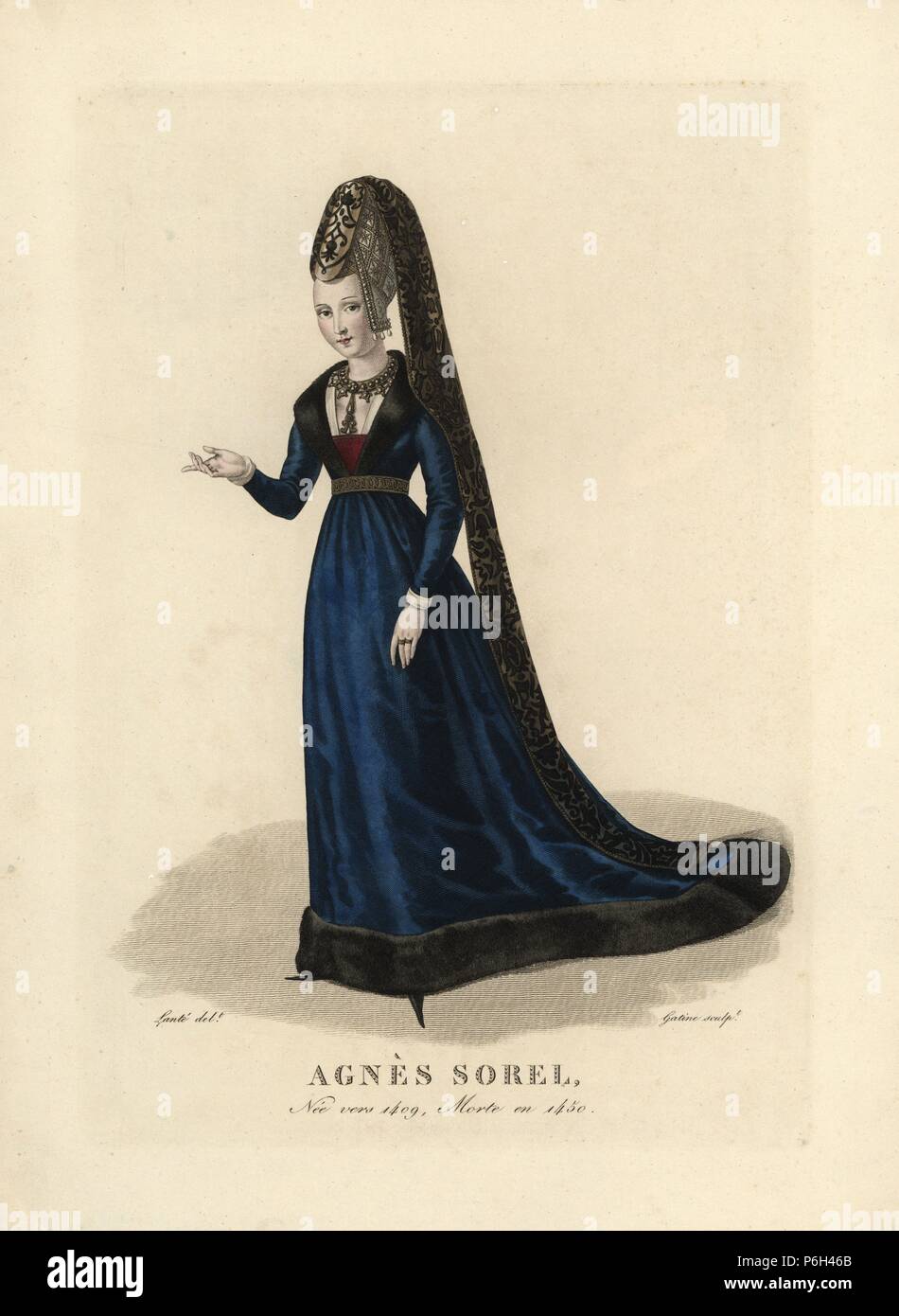 Agnes Sorel, padrona del re Carlo VII di Francia, c.1409-1450. Handcolored incisione su rame da Gatine dopo una illustrazione di Louis Marie Lante da Pierre de la Mesangere 'costumi des femmes celebres' (costumi di donne famose), Paris, 1827. Foto Stock