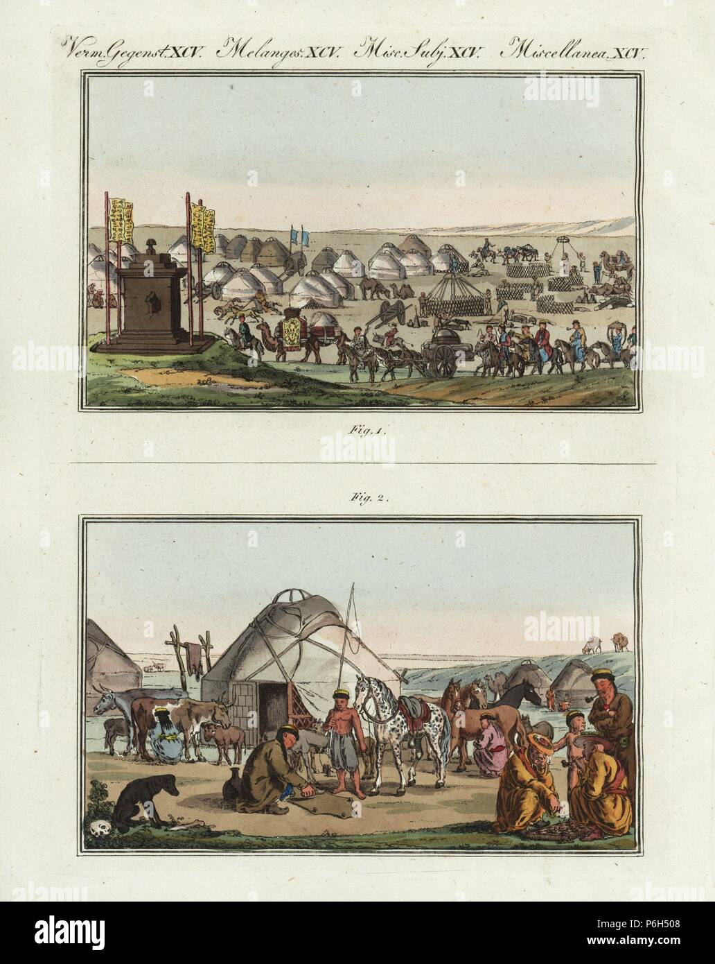 Kalmyk nomads preparando a migrare - scomposizione ghers, carico dei carri nei pressi di una tomba 1, e la tipica vita gher con donne mungitura di mucca, la preparazione di una mucca nascondere, agli uomini la riproduzione di bozze. Handcolored incisione su rame da Bertuch 'Bilderbuch fur Kinder' (Picture Book per bambini), Weimar, 1807. Friedrich Johann Bertuch (1747-1822) era un editore tedesco e l uomo delle arti più famoso per il suo 12-volume enciclopedia per bambini illustrato con 1.200 lastre incise sulla storia naturale, della scienza, costume, mitologia, ecc, pubblicato da 1790-1830. Foto Stock