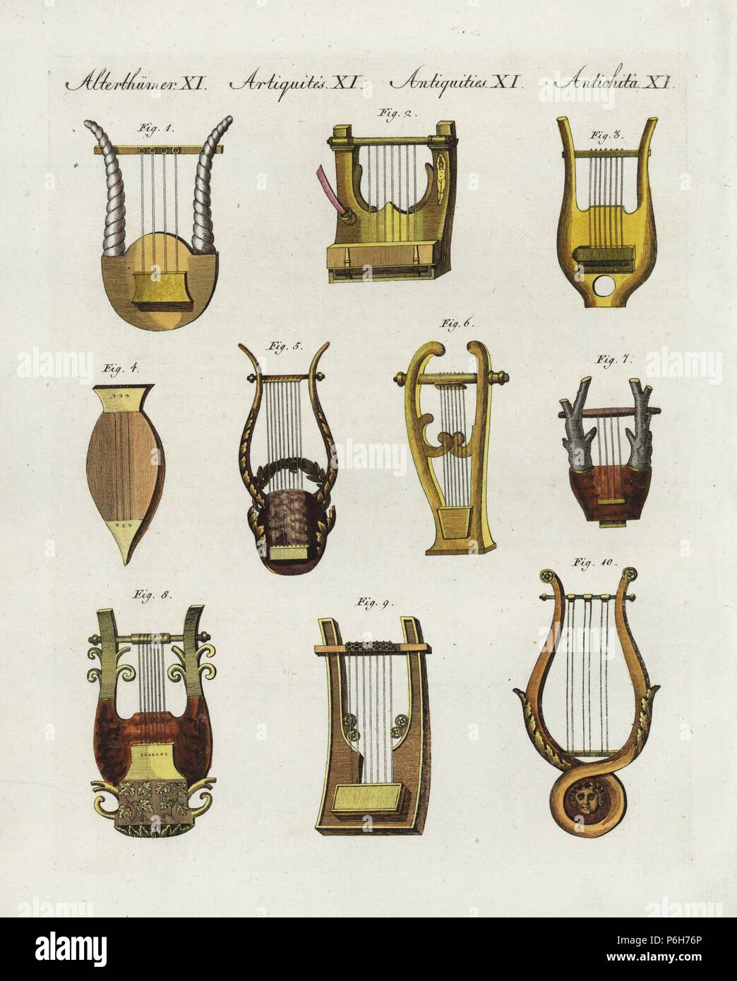 Antichi Greci e Romani strumenti musicali: diverse forme di arpe o  1,3,4,5,7,8,10 cetre e arpe in forma di chitarre 2,6,9. Handcolored  incisione su rame da Friedrich Johann Bertuch's Bilderbuch fur Kinder  (Picture