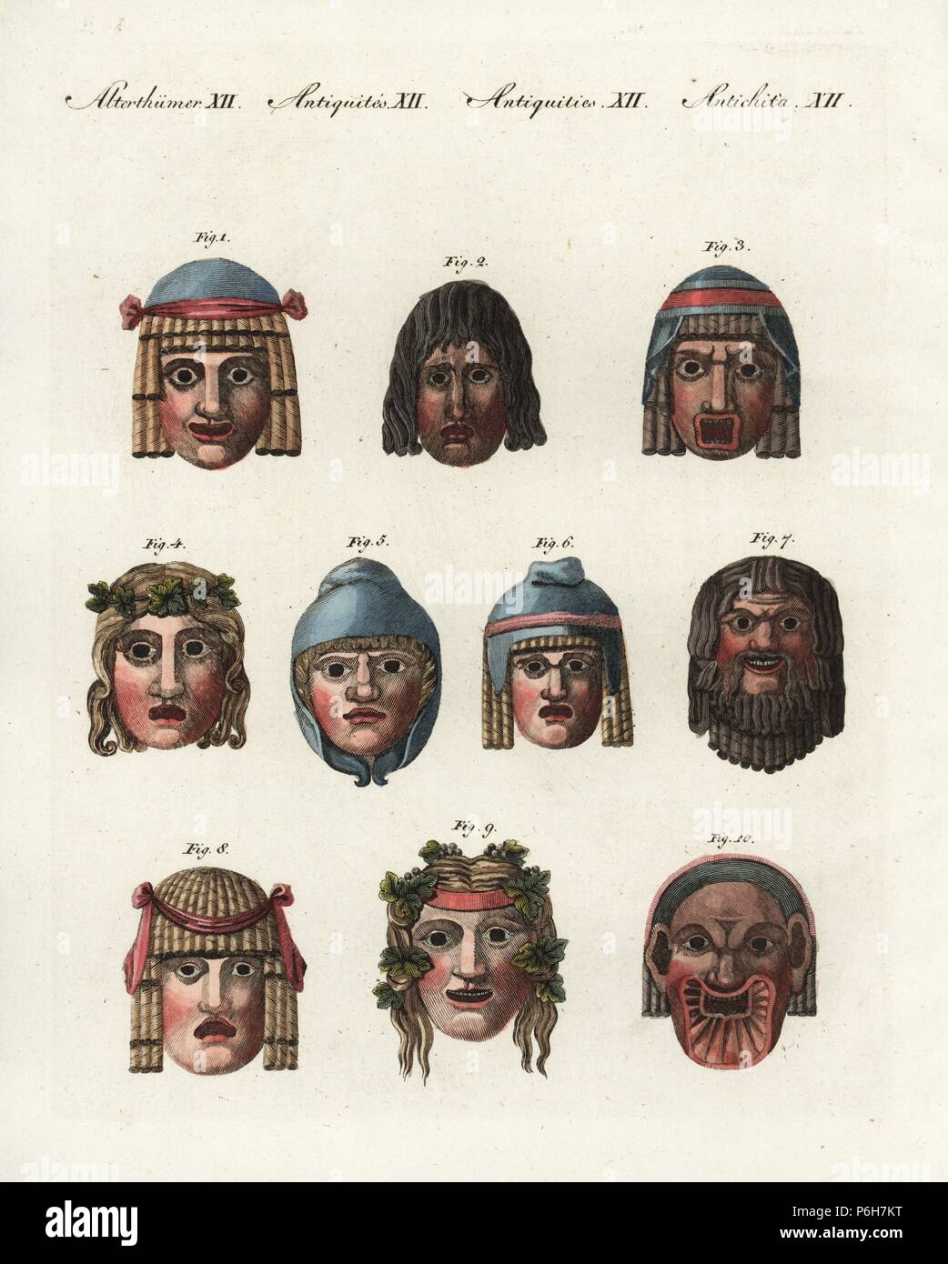 Classiche antiche maschere: Greco maschere tragiche 1,2,3,8, greco maschere  di fumetti 7,10,