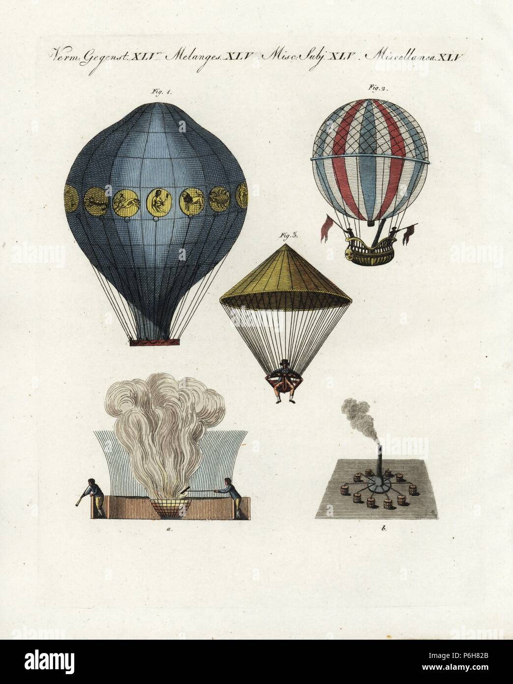 Etienne e Joseph Montgolfier la mongolfiera 1, e braciere un, il professor Jacques Charles il palloncino e gondola 2, idrogeno-meccanismo gas b e Jean-Pierre Blanchard con il suo paracadute 3. Handcolored incisione su rame da Friedrich Johann Bertuch's Bilderbuch fur Kinder (Picture Book per bambini), Weimar, 1802. Foto Stock