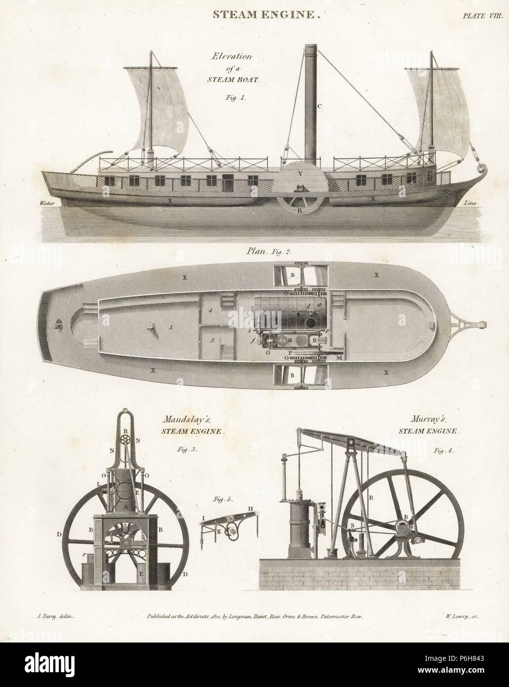 Marine i motori a vapore: steam boat, elevazione e piano, Henry Maudslay lato leva-motore di vapore 1815 e Matthew Murray's Trevithick-modello motore a vapore 1811. Incisione su rame da Wilson Lowry dopo una illustrazione di J. Farey da Abramo Rees" "dell'enciclopedia o dizionario universale", Londra, 1820. Foto Stock