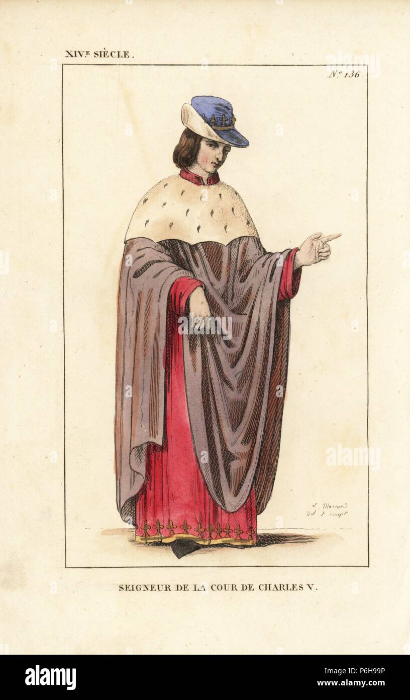 Signore alla corte del re Carlo V di Francia del XIV secolo. Indossa un cappello  da cuoco di colore rosso in velluto con corona, violet cape con ermellino  pelerine, sopra un rosso