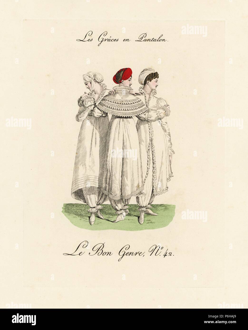 Tre grazie in pantaloni. Tre ragazze in turbanti, vestiti con i fronzoli  che raggiungono il a metà polpaccio e frilled pantalons o pantaloni. \