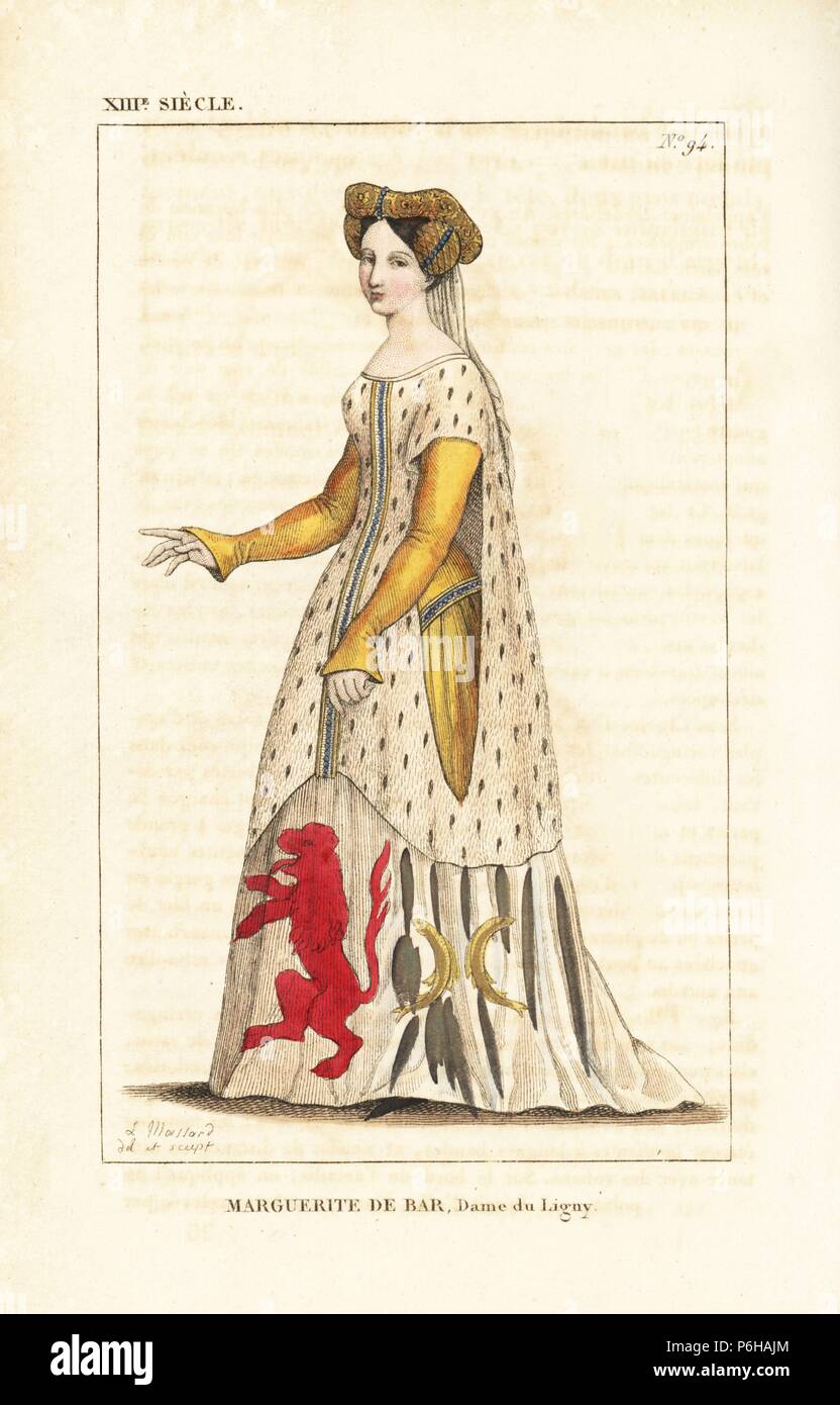 Margherita di Bar, moglie di Enrico V, Conte di Lussemburgo, 1220-1275. Indossa una un chaperon cofano in oro con grandi archi sopra le orecchie, un ermellino surcoat, e un mantello di colore giallo. Il vestito combina gli stemmi di suo marito (argent, con Rosso leone rampante) e la sua famiglia (due barre d'oro). Copperplate Handcolored disegnato e inciso da Leopoldo Massard da 'French Costumi da Re Clodoveo ai nostri giorni " Massard, Mifliez, Parigi, 1834. Foto Stock