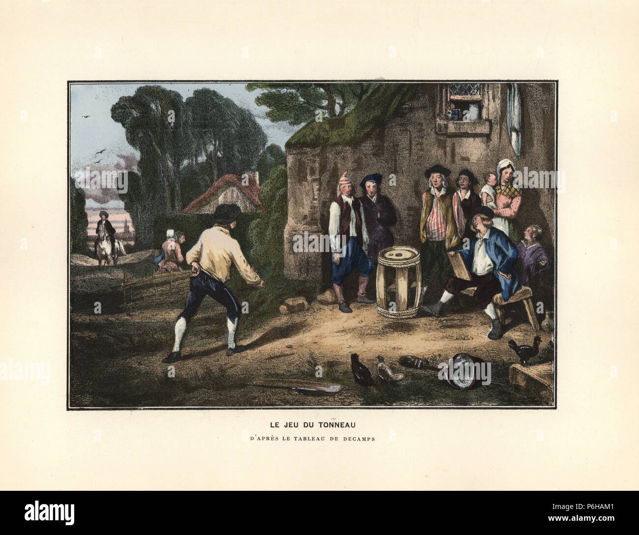 Il gioco di tonneau (lanciando un gioco in cui i giocatori cercano di buttare pellet in un barile con piccoli fori nella parte superiore). Litografia Handcolored dopo Decamps da Henry Rene Allemagne di sport e giochi di abilità (Sport et Jeux d'Adresse), Librairie Hachette, Parigi, 1903. Foto Stock