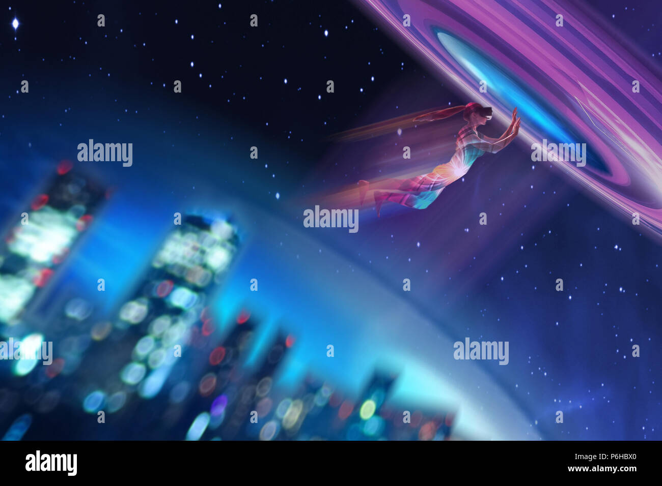 Una ragazza in realtà virtuale bicchieri di sogni che ella è volare. Concetto di moderne tecnologie e le tecnologie del futuro. Foto Stock