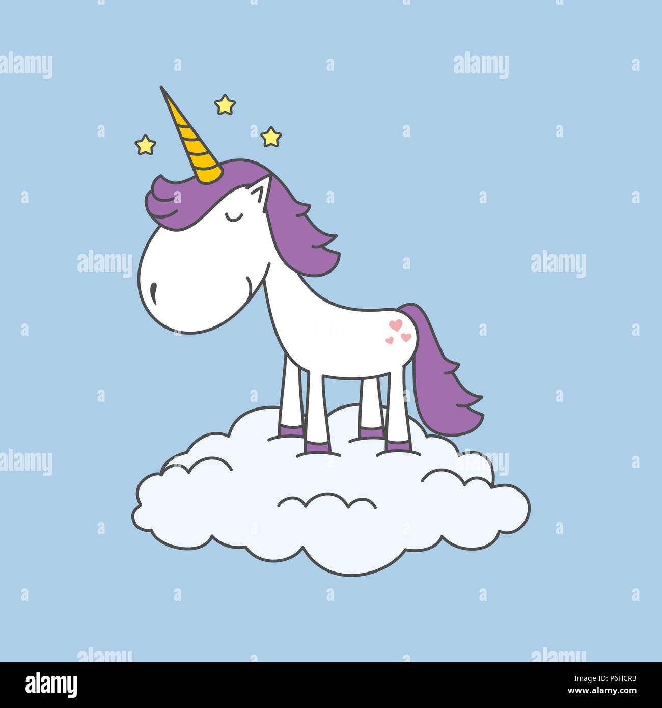 Molto Cartoon carino unicorn in piedi su una nuvola. Bella illustrazione su sfondo blu per biglietti di auguri o di libri per bambini. Foto Stock