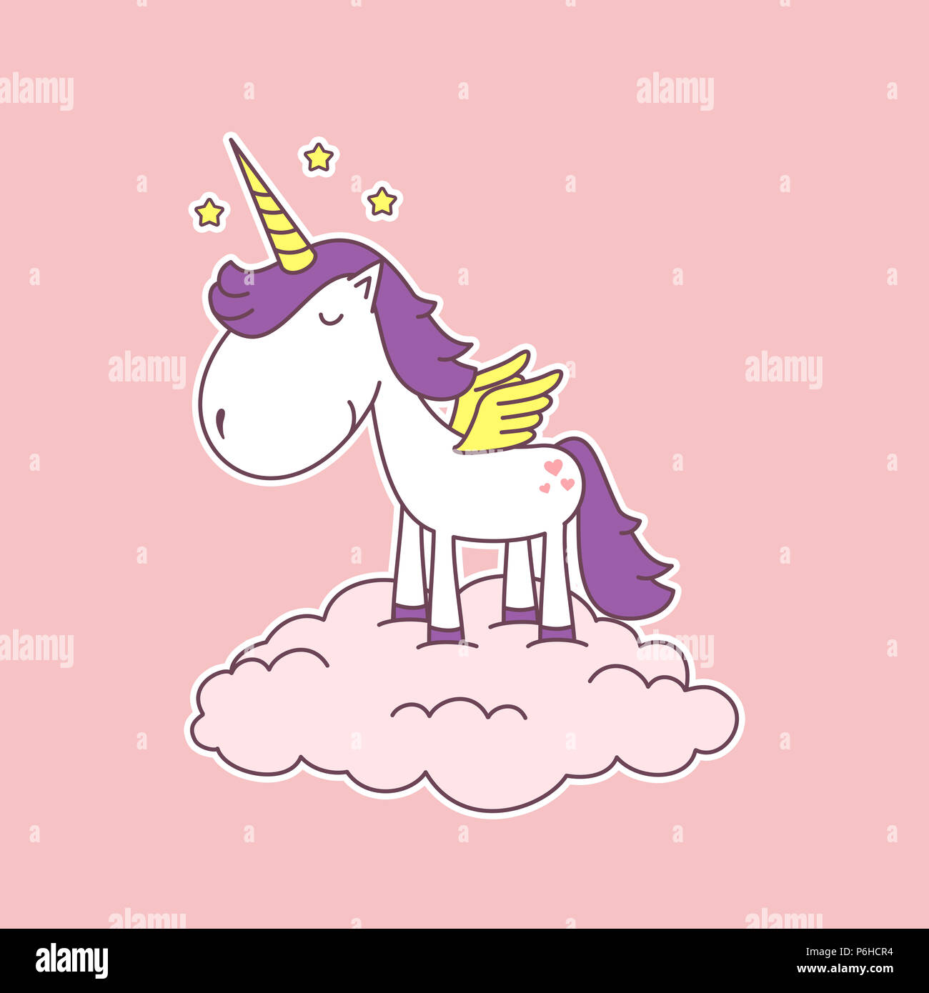 Molto Cartoon carino unicorn con ali in piedi su una nuvola. Bella illustrazione su sfondo rosa per biglietti di auguri o di libri per bambini. Foto Stock