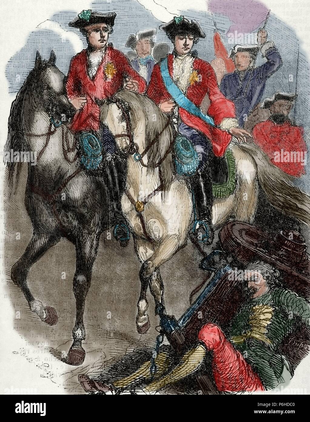 Di Luigi XV di Francia (1710-1774). Louis l amata. Il re di Francia e Navarra. Luigi XV e il delfino in Batlle di Fontenoy, la Guerra di Successione austriaca, 1745. Incisione di Dupre. Biblioteca universale, Ediciones populares, 1851. Colorati. Foto Stock