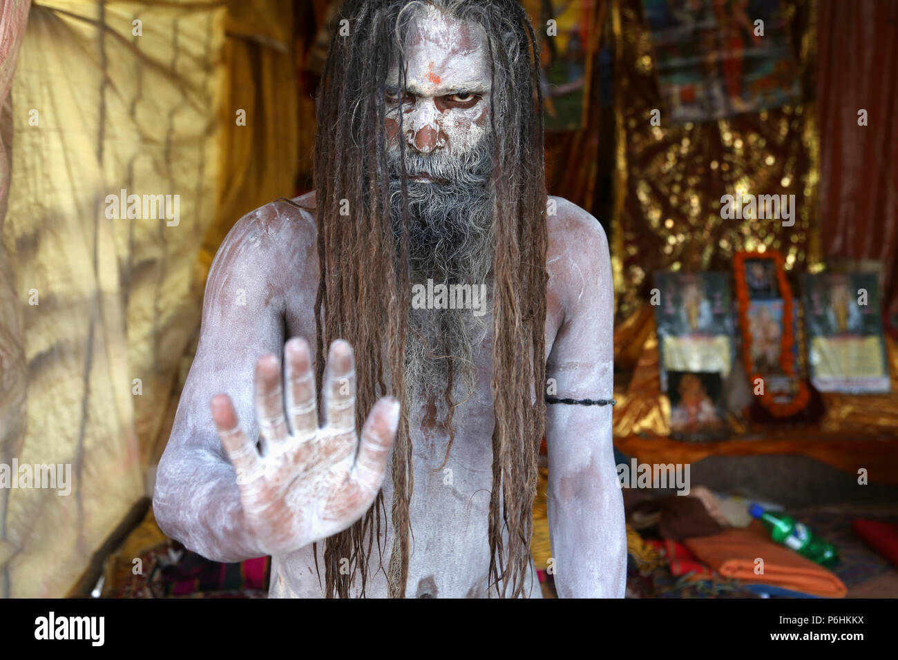 Ritratto di Naga saddhu sadhu baba durante il Maha Kumbh Mela 2013 in Allahabad , India Foto Stock