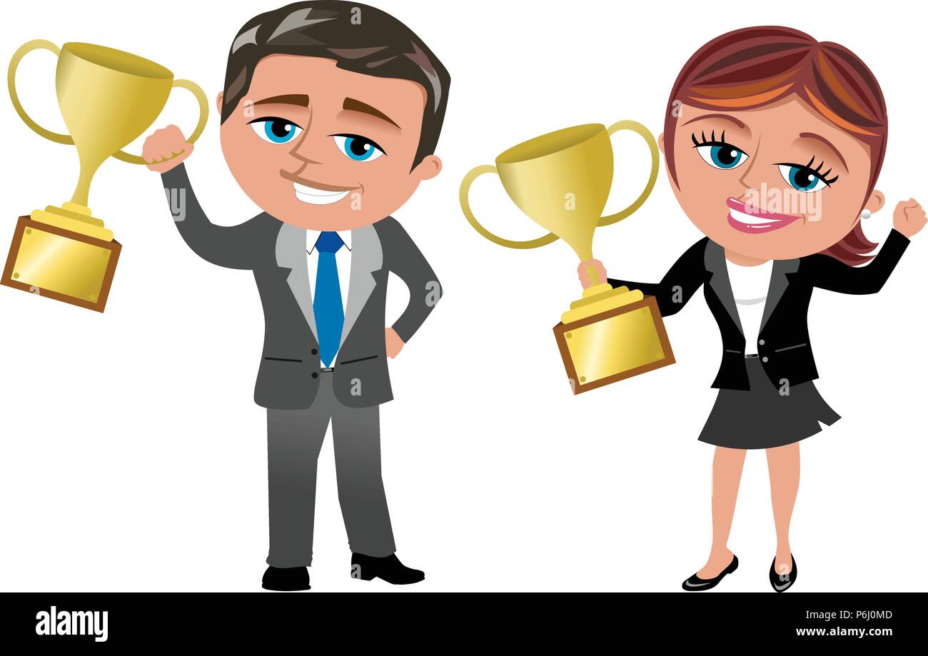 Cartoon imprenditrice e imprenditore esultando per ottenere buoni risultati trofeo di contenimento isolato Illustrazione Vettoriale
