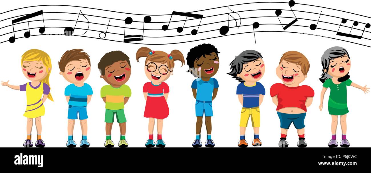 Multiculturale felici i bambini o i bambini in piedi e cantare in un coro isolato Illustrazione Vettoriale