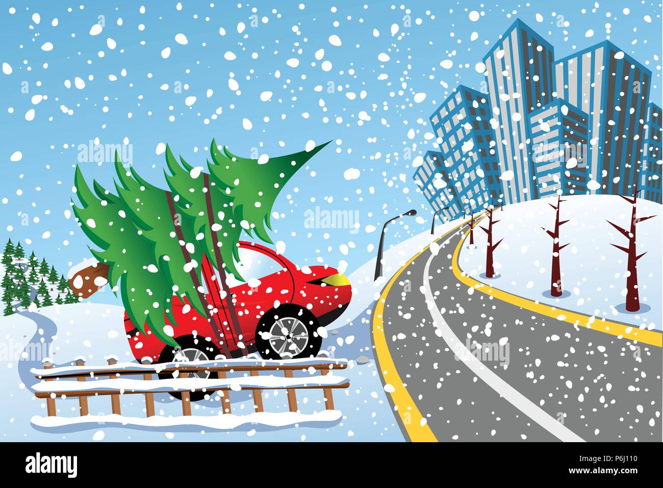 Red guida auto a casa con albero di Natale prese dalla foresta Illustrazione Vettoriale