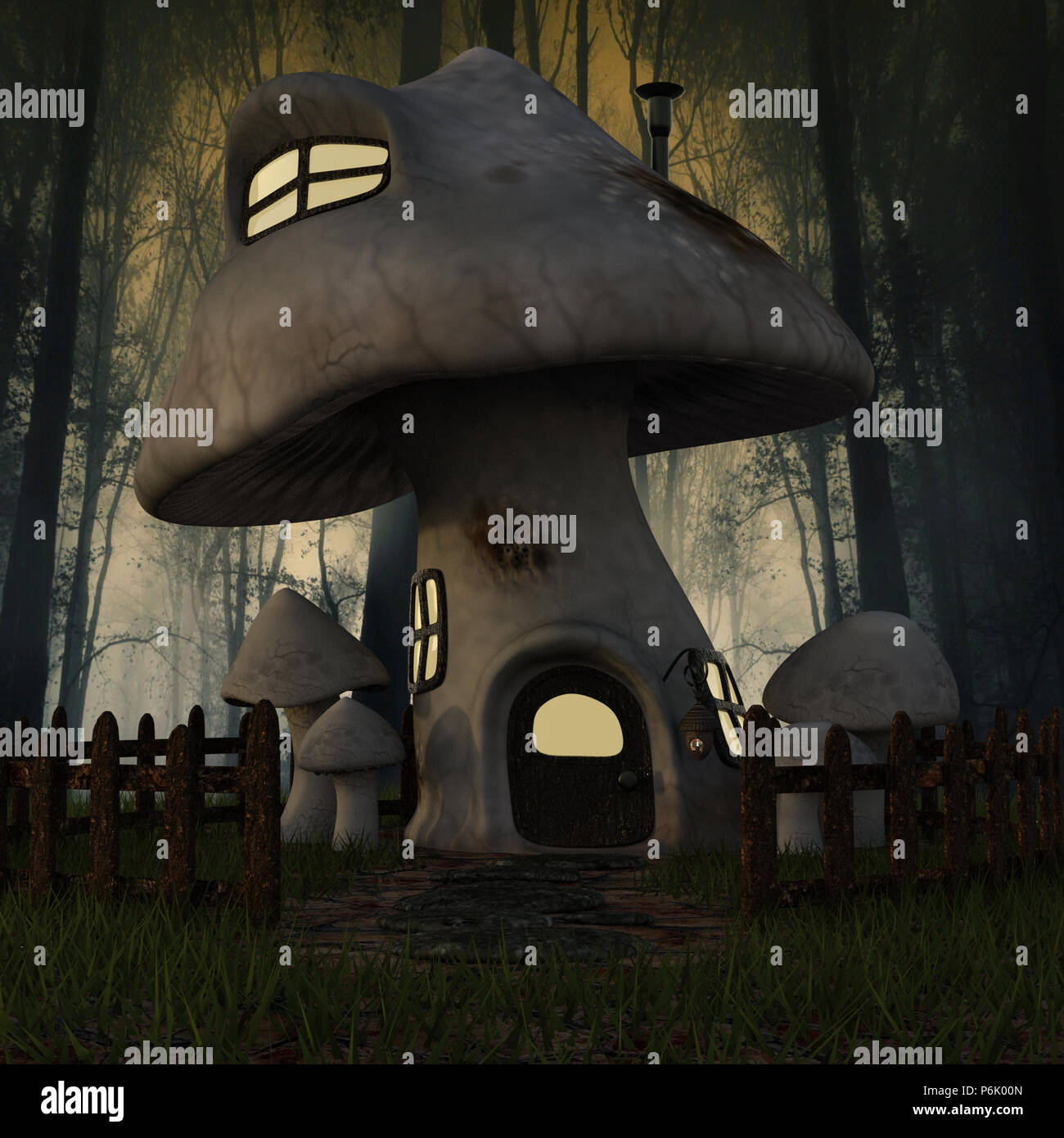 Spooky casa di funghi in una foresta buia la notte con le luci accese, 3D render. Foto Stock