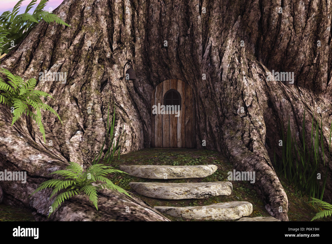 Fairy tree house fantasy sfondo, 3D render. Foto Stock