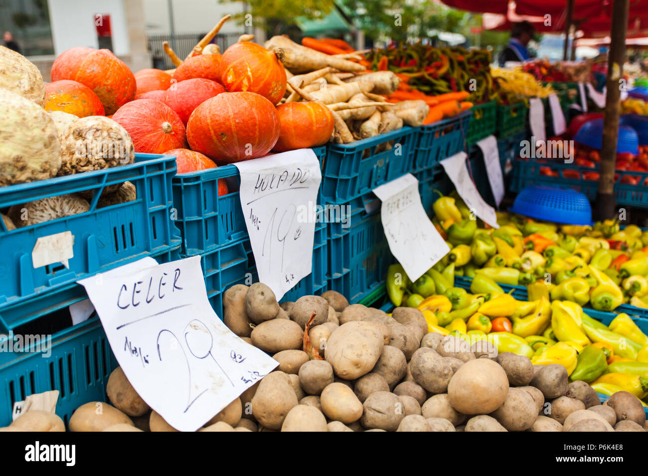 Scatole di plastica con zucche, patate e altri ortaggi freschi sul contatore. Foto Stock