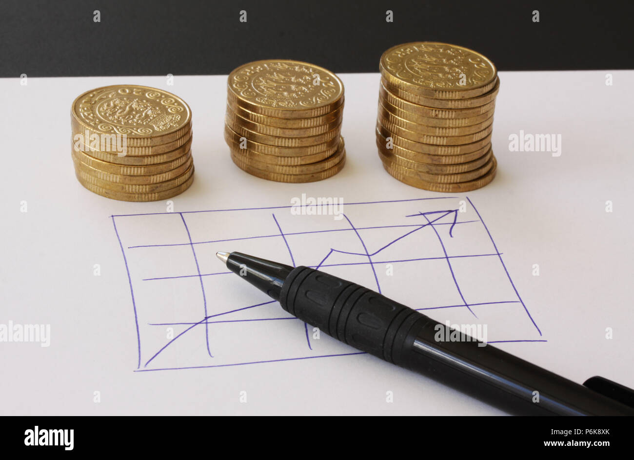 Vendite e attività finanziarie grafico - disegnata a mano con penna a sfera su carta bianca e pile di golden soldi monete in ordine crescente che mostra profitti e ga Foto Stock