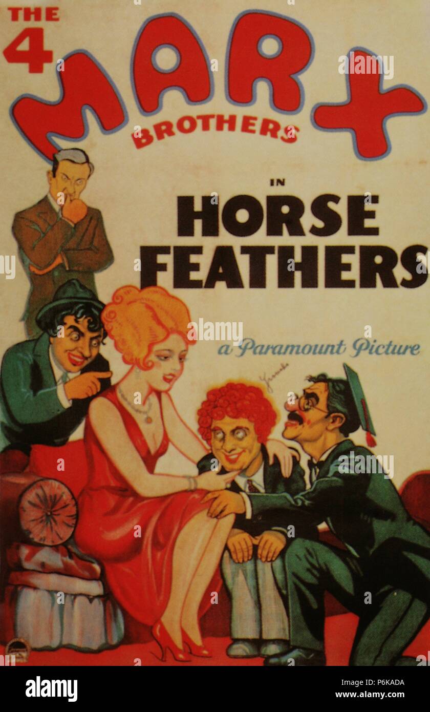 PLUMAS DE CABALLOS (Cavallo piume). Protagonizado por los hermanos Marx (Groucho, Chico gli Harpo, Zeppo, Thelma Todd) y Connie Bailey. Dirigida por Norman Z. McLeod. Genero Comedia. Paramount. Stati Uniti d'America, 1932. Cartello de la película. Foto Stock