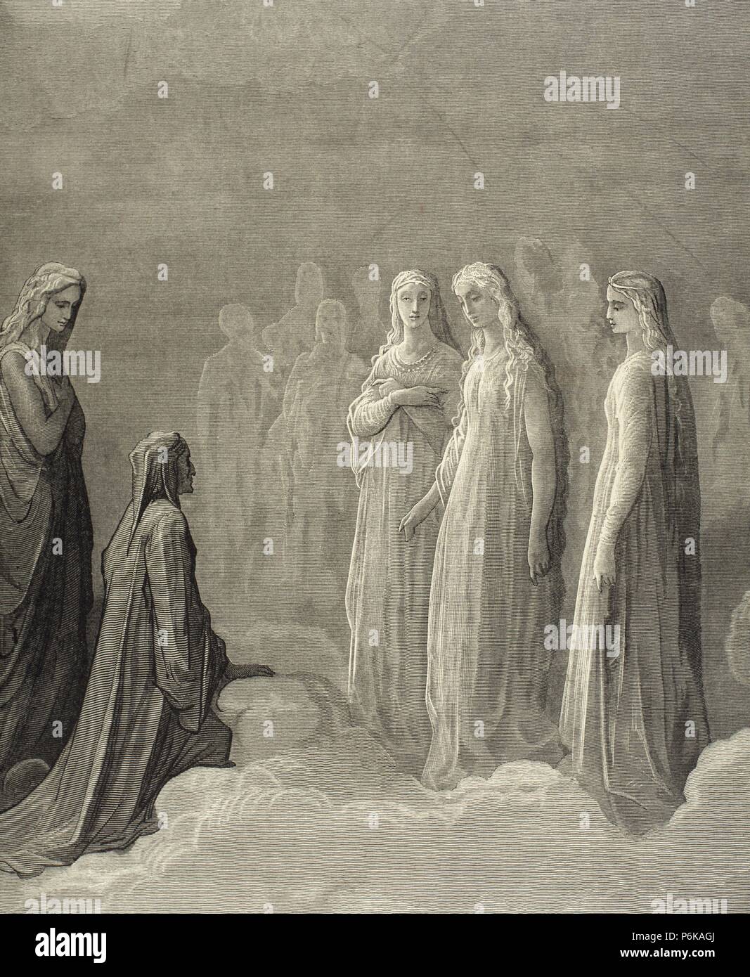 La Divina Commedia. Poema epico scritto da Dante Alighieri (1265-1321) tra il 1308 e la sua morte in 1321. Il paradiso. Canto III. Piccarda Donati e anime i cui voti erano stati rotti. Incisione di Gustave Dore, 1868. Foto Stock