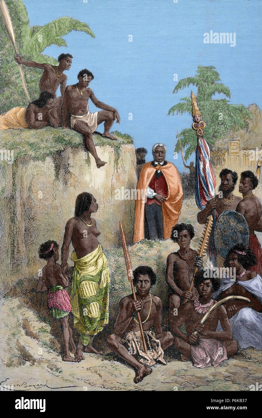 Kamehameha I (1758-1819). Re di Isola delle Hawaii. Hawaiiani, 1819. Kamehameha e i suoi guerrieri. Incisione di E. Bayard. Il mondo illustrato, 1880. Colorati. Foto Stock