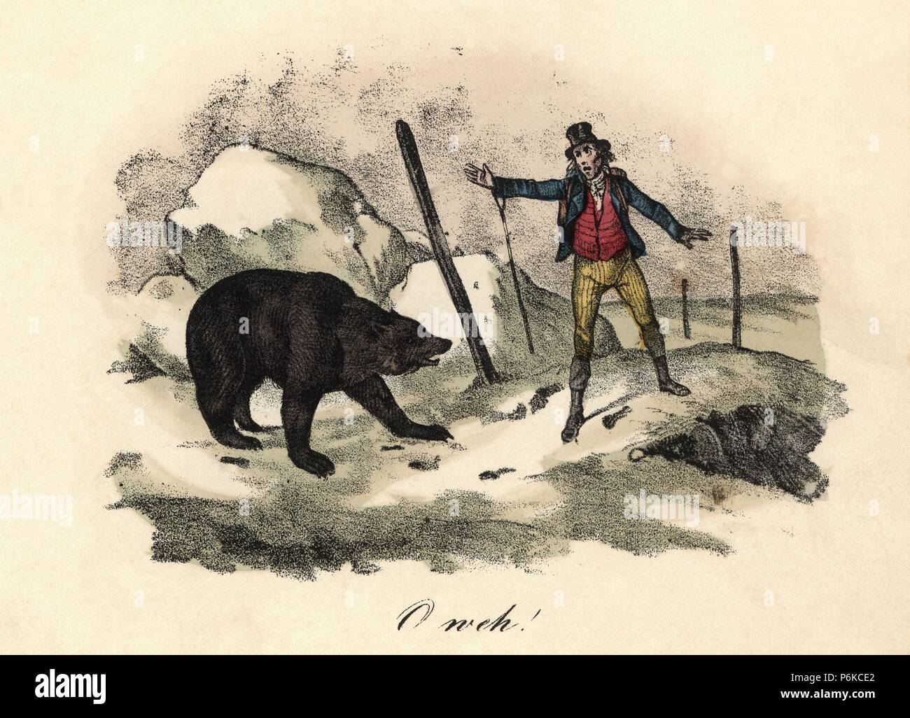 Desagradable encuentro con onu oso pardo. Grabado alemán. Años 1850. Foto Stock