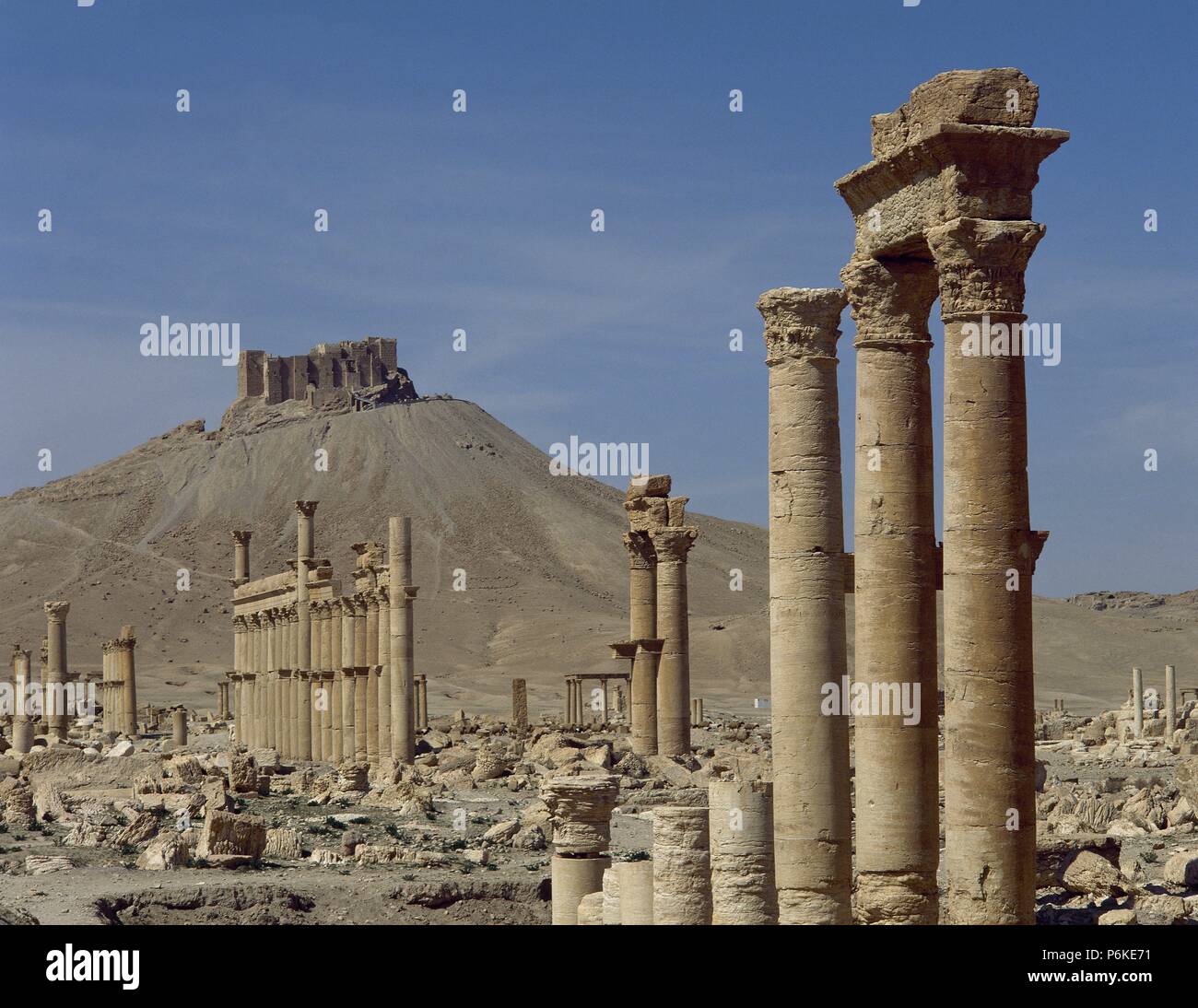 La Siria. Rovine di Palmyra. Medio Oriente. Un grande porticato. Iii secolo D.C. A sfondo, la fortezza di Qalat. Oasis Tadmor. Foto Stock