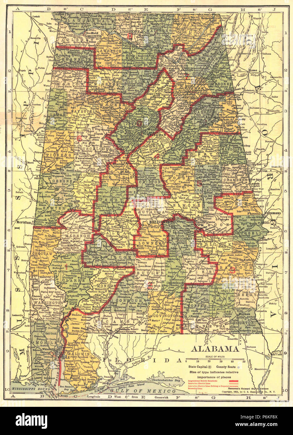 1911 Mappa di Alabama distretti congressuali. Foto Stock