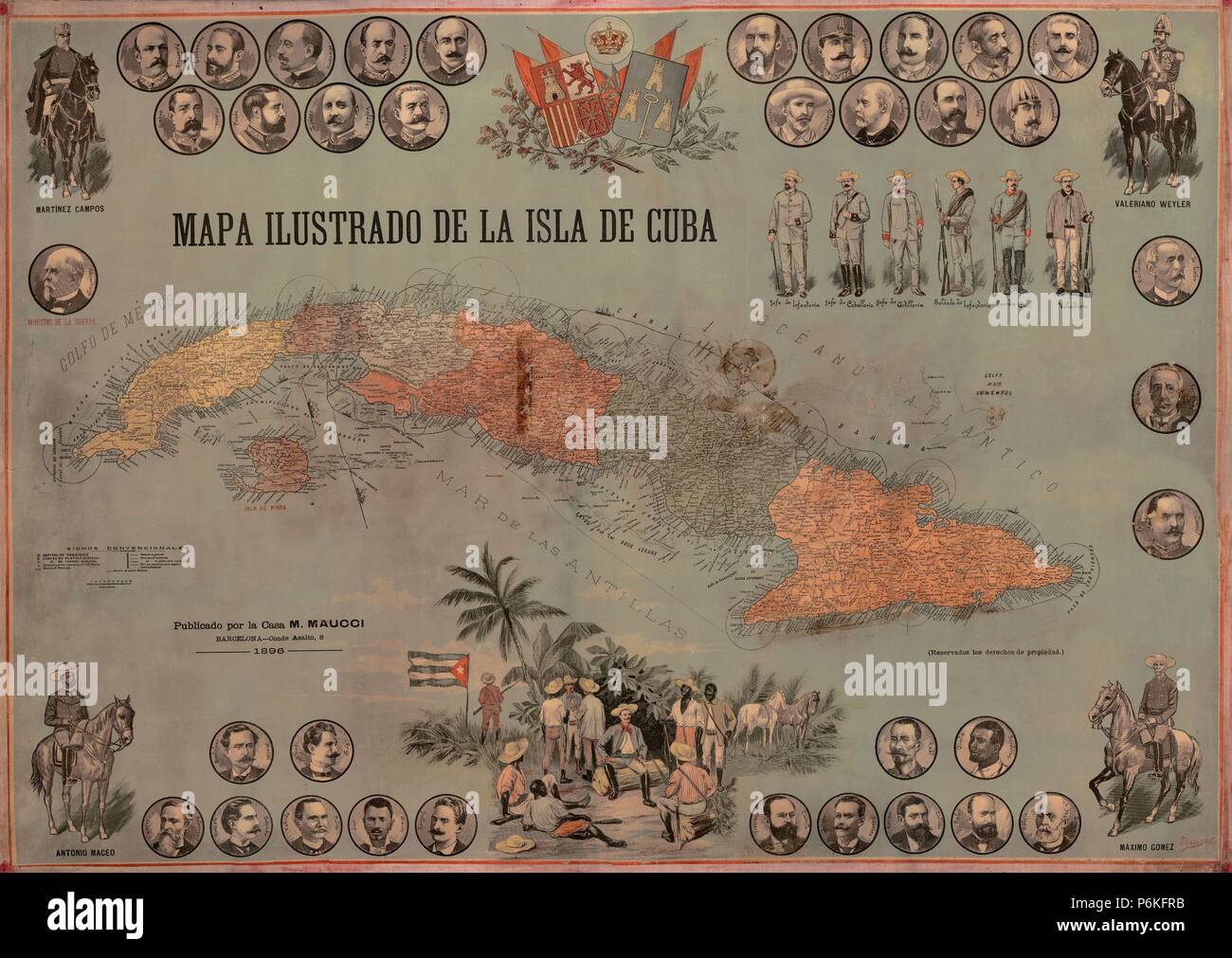 Mapa ilustrado de la Isla de Cuba de 1896 con mandos y'(Ejército español, e insurrectos cubanos. Foto Stock