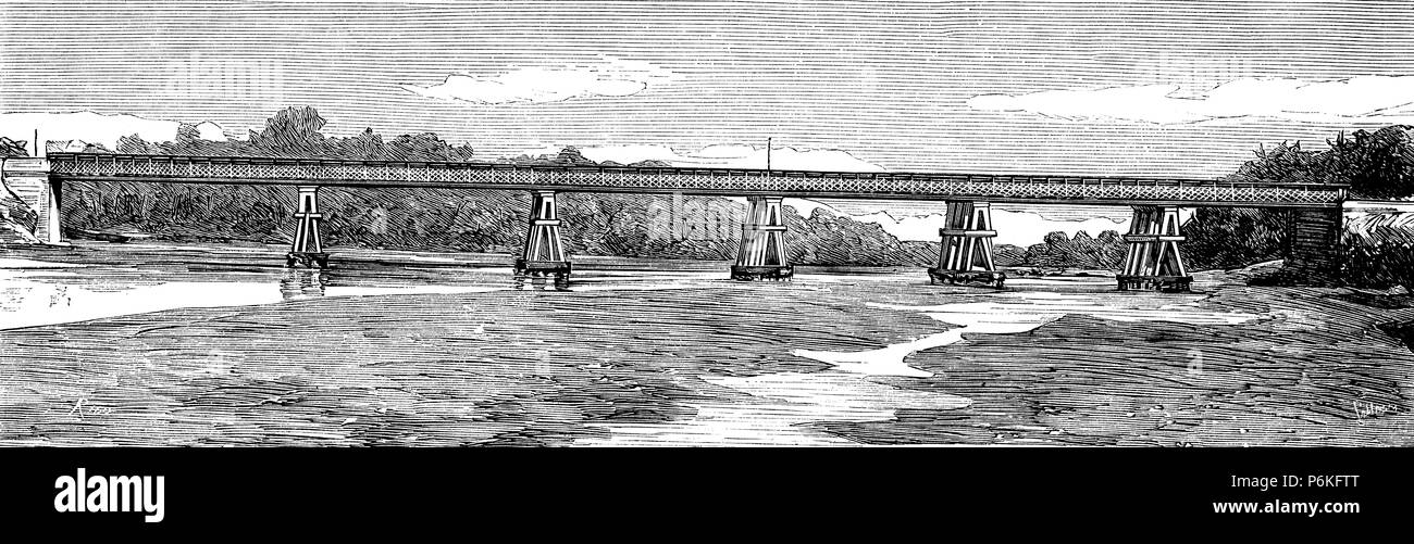 Barcellona. Nuevo puente sobre el río Llobregat en el Prat de Llobregat. Grabado de 1874. Foto Stock