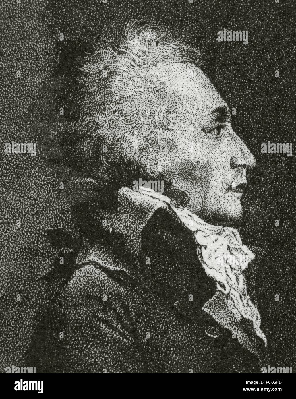 Maximilien Robespierre (1758-1794). Avvocato francese e politico. La figura della Rivoluzione Francese. Membro del Club giacobino. Incisione. Ritratto. Foto Stock