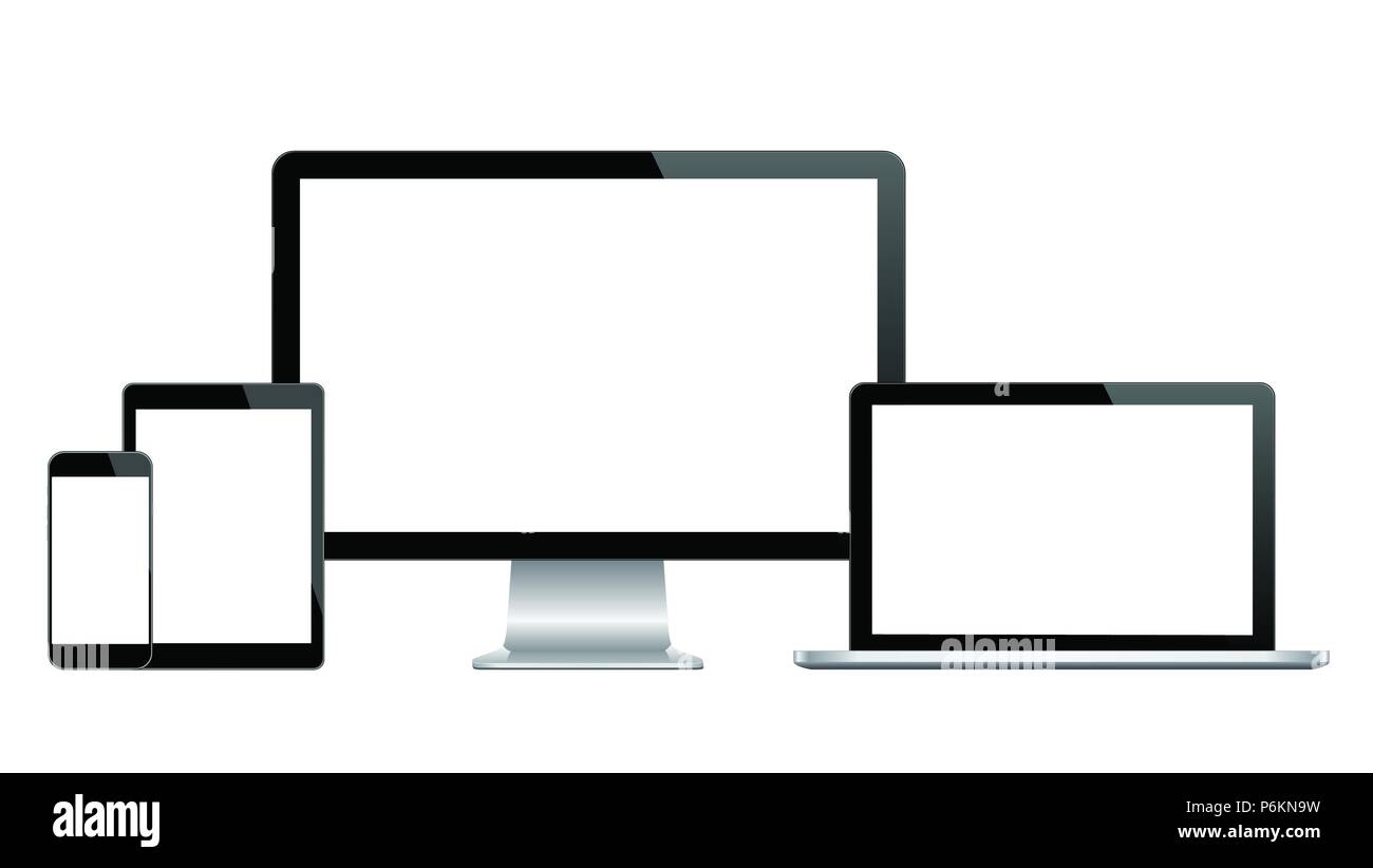 Alta qualità set illustrazione dei moderni monitor per computer, laptop, tavoletta digitale e telefono cellulare con schermo vuoto. Isolato su sfondo bianco Foto Stock