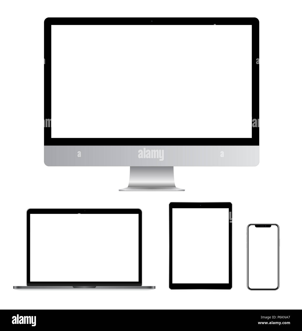 Alta qualità set illustrazione dei moderni monitor per computer, laptop, tavoletta digitale e telefono cellulare con schermo vuoto. Isolato su sfondo bianco Foto Stock