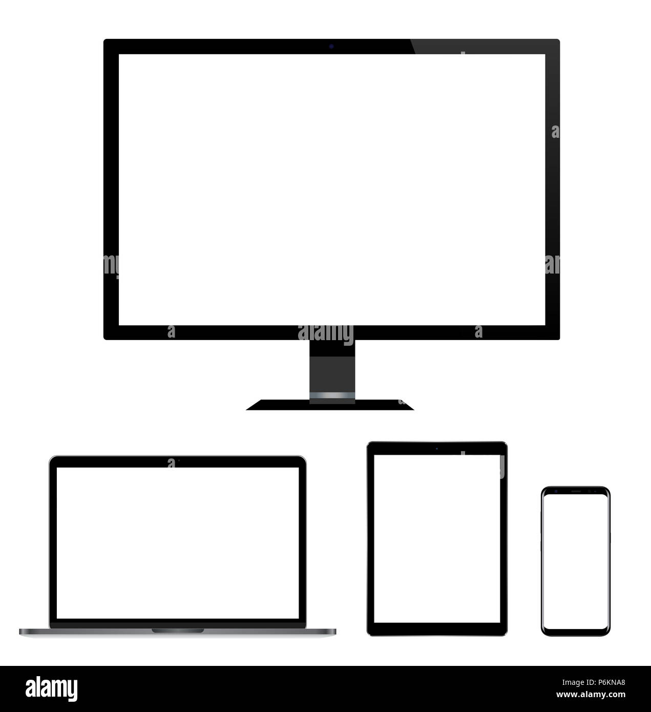 Alta qualità set illustrazione dei moderni monitor per computer, laptop, tavoletta digitale e telefono cellulare con schermo vuoto. Isolato su sfondo bianco Foto Stock