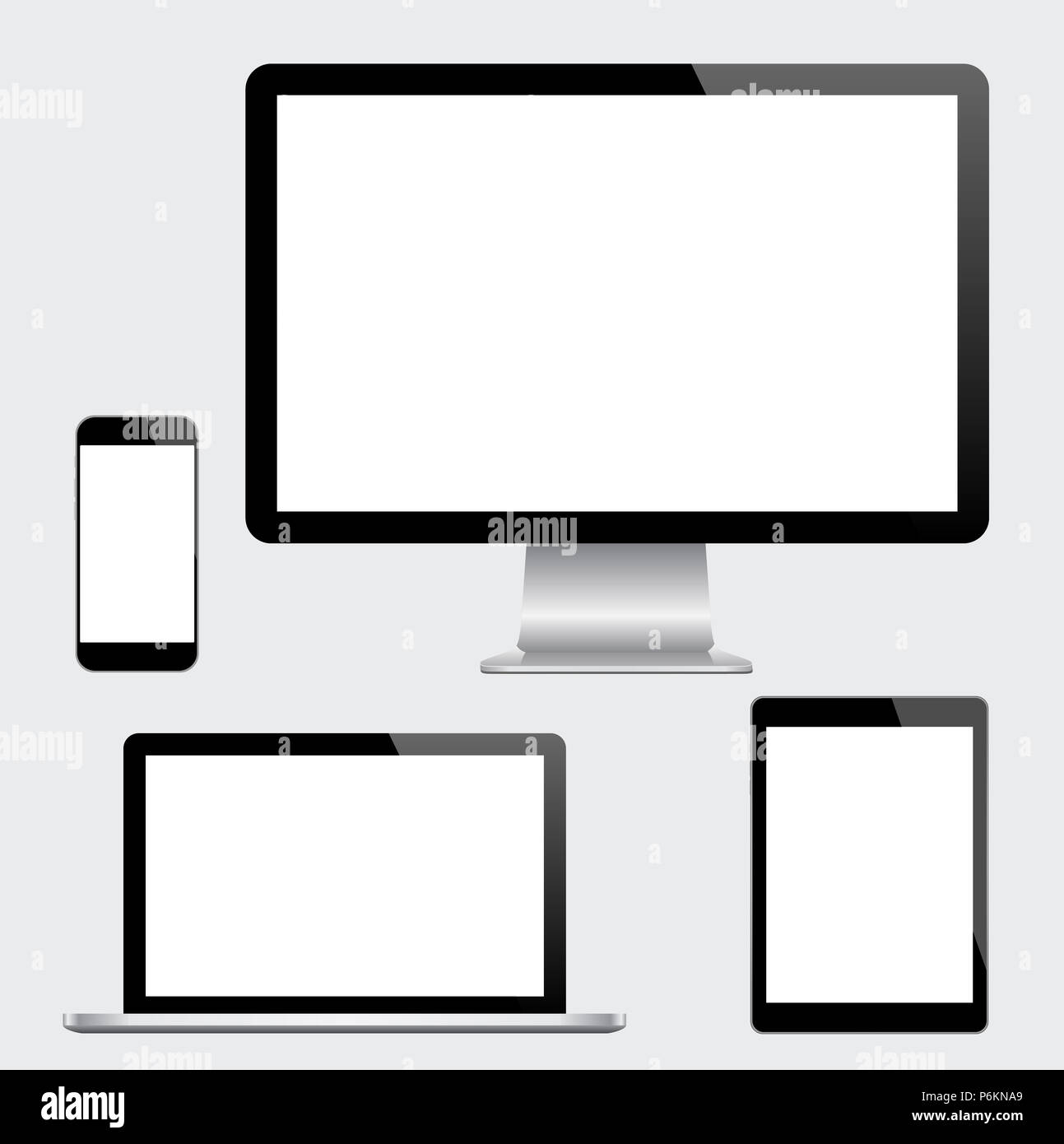 Alta qualità set illustrazione dei moderni monitor per computer, laptop, tavoletta digitale e telefono cellulare con schermo vuoto. Isolato su sfondo bianco Foto Stock