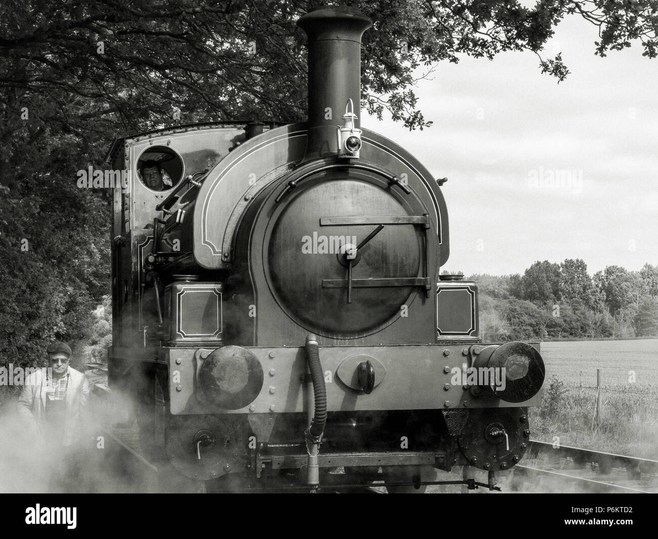Monotono Scatto frontale di una locomotiva a vapore a metà Suffolk Light Railway con l'ingegnere camminando lungo il lato di erogazione vapore Foto Stock