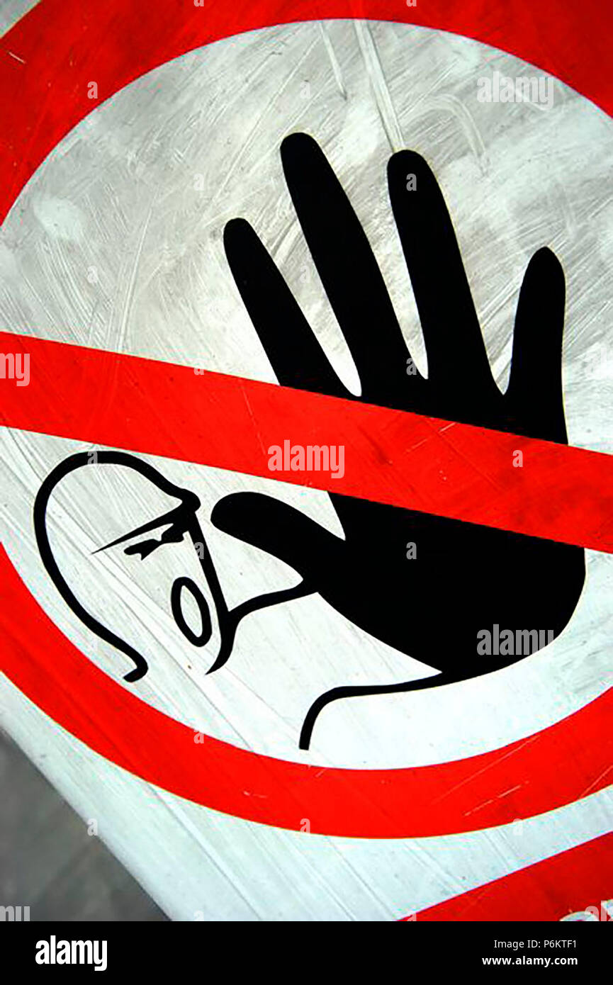 Grafica potente mano e figura dicendo STOP, avvertimento informazioni registrazione Foto Stock