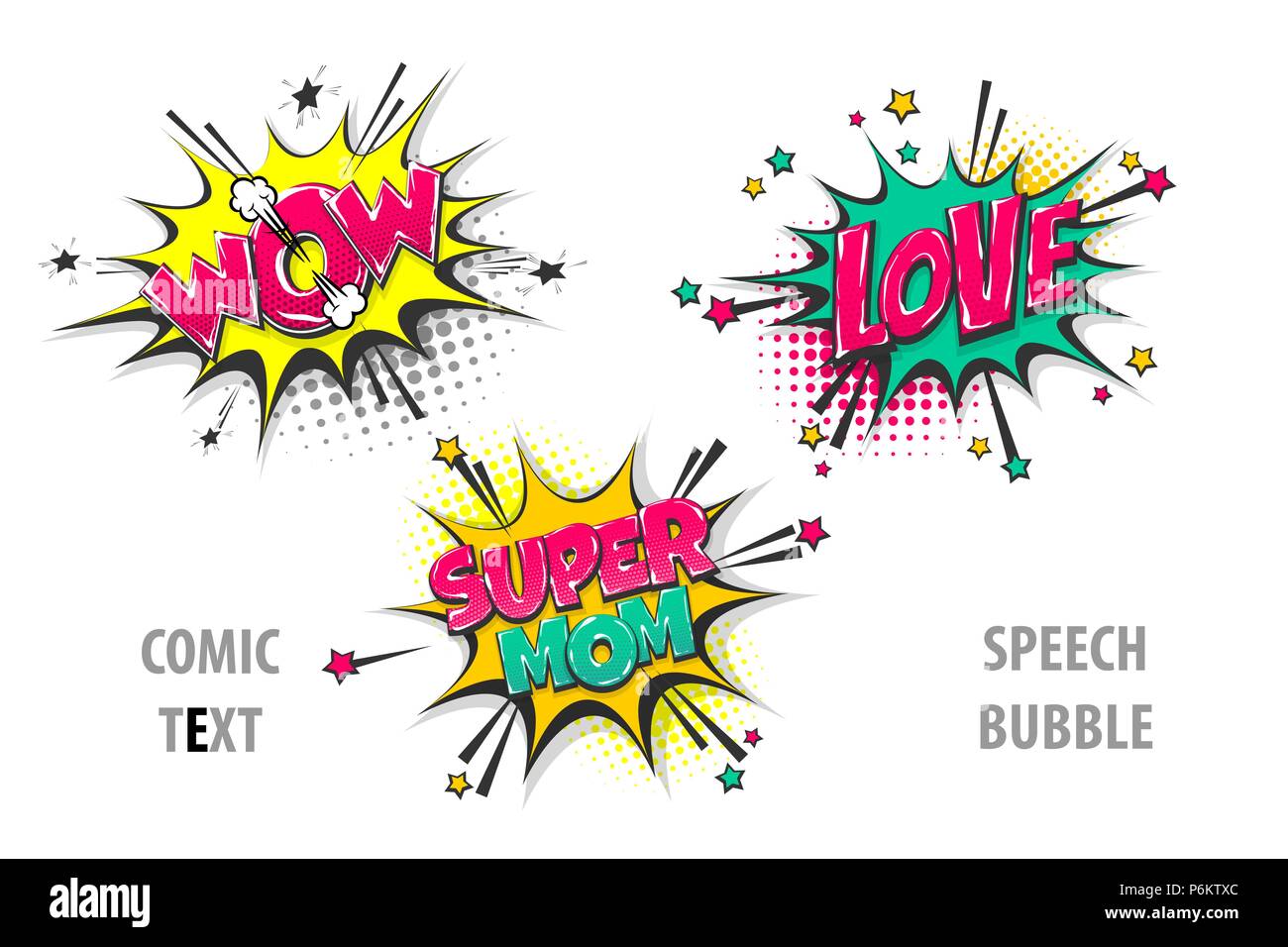 Impostare il testo fumetto discorso bolla wow amore super mom Illustrazione Vettoriale