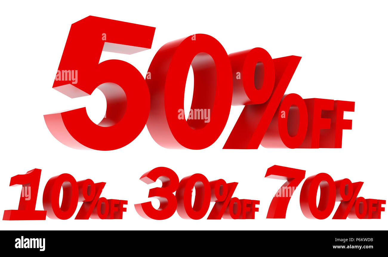 3d illustrazioni dotate di rosso la promozione di vendita percentuale dal testo 3D su bianco Foto Stock