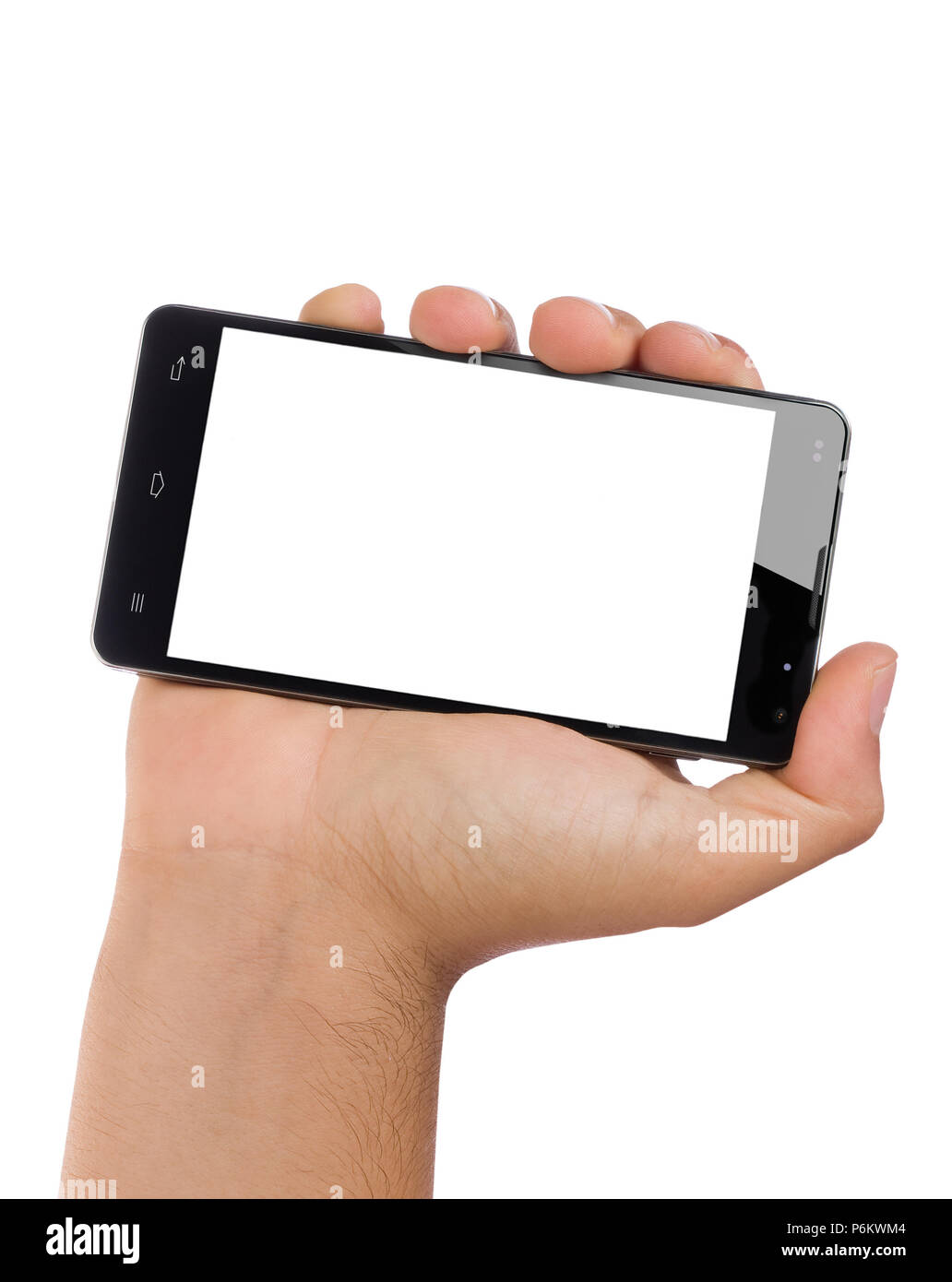 Mano che tiene l'orientamento orizzontale schermata vuota isolata dello smartphone Foto Stock