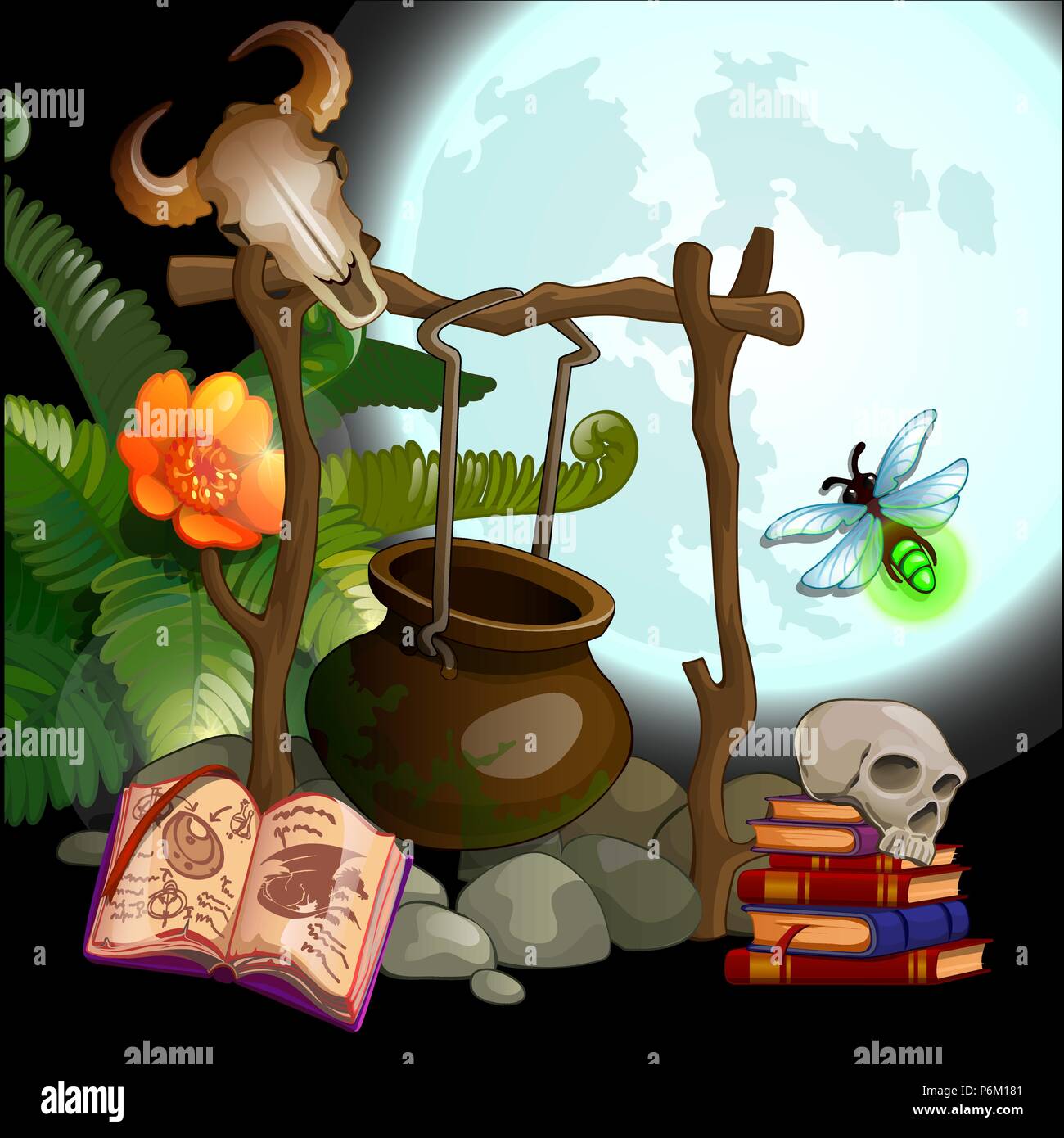 Il set di attributi per eseguire riti magici. Vector cartoon close-up illustrazione. Illustrazione Vettoriale